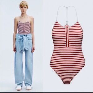 T Alexander Wang bodysuit - gray/red 100% cotton waffle knit t-back